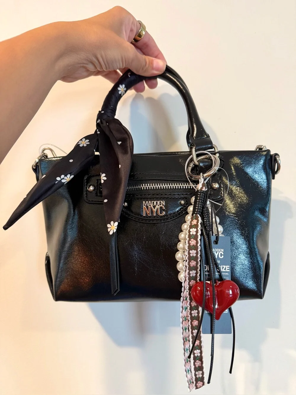 Madden NYC Women's Small Top Handle Satchel Bag Charms Keychains, Black NEW